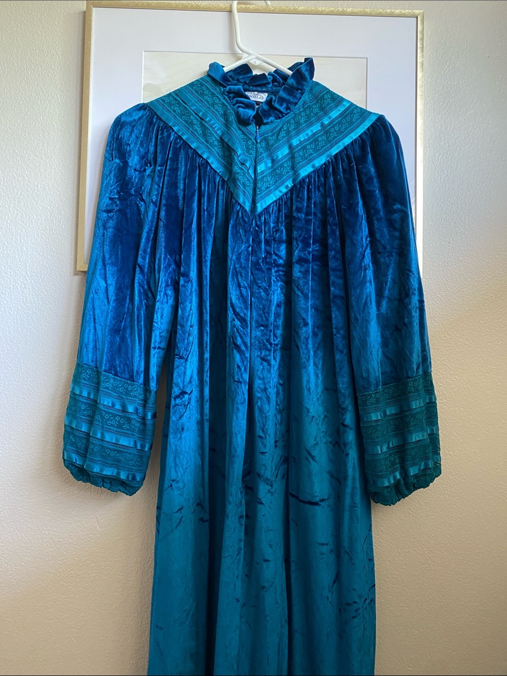 Teal Velvet House Coat/Robe with Embroidered Yoke